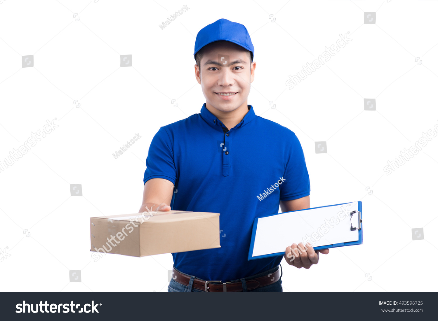 Smiling Young Asian Salesman Parcel Clipboard Stock Photo 493598725 ...