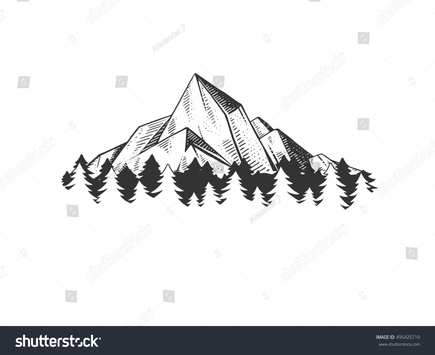 Mountains Engraving Raster Illustration Rock Drawing Stock Illustration ...