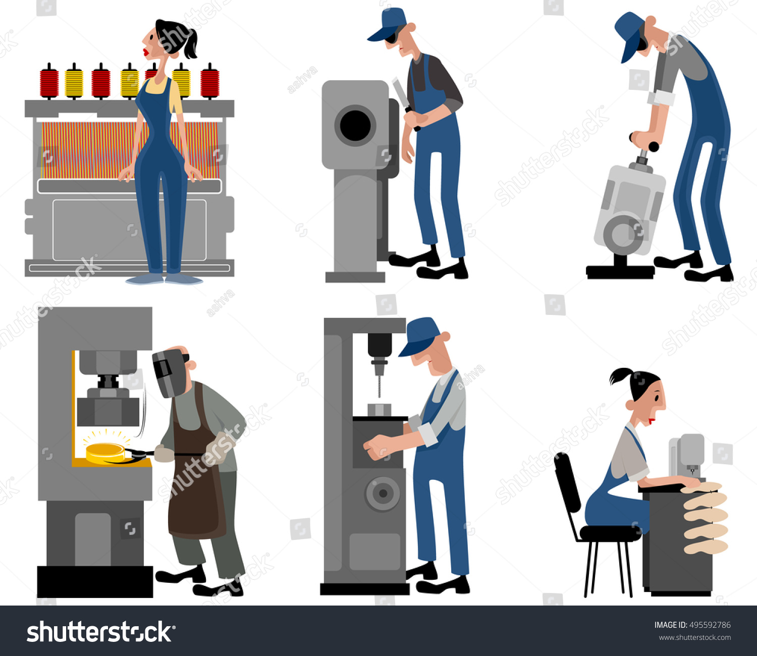 Vector Illustration Six Workers Machines Stock Vector (Royalty Free ...