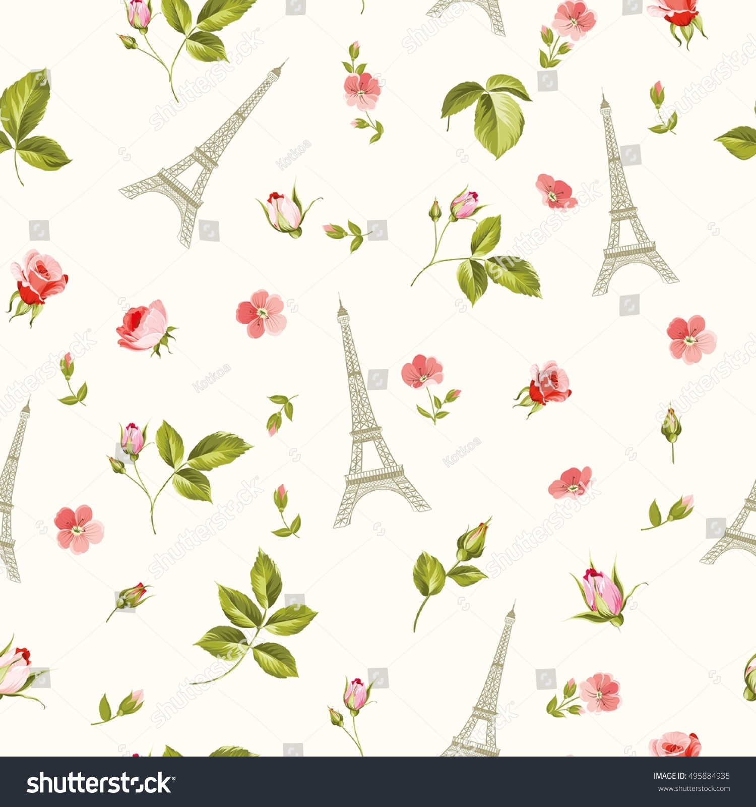 Pattern Red Flowers Leaves Eiffel Tower Stock Vector (Royalty Free ...