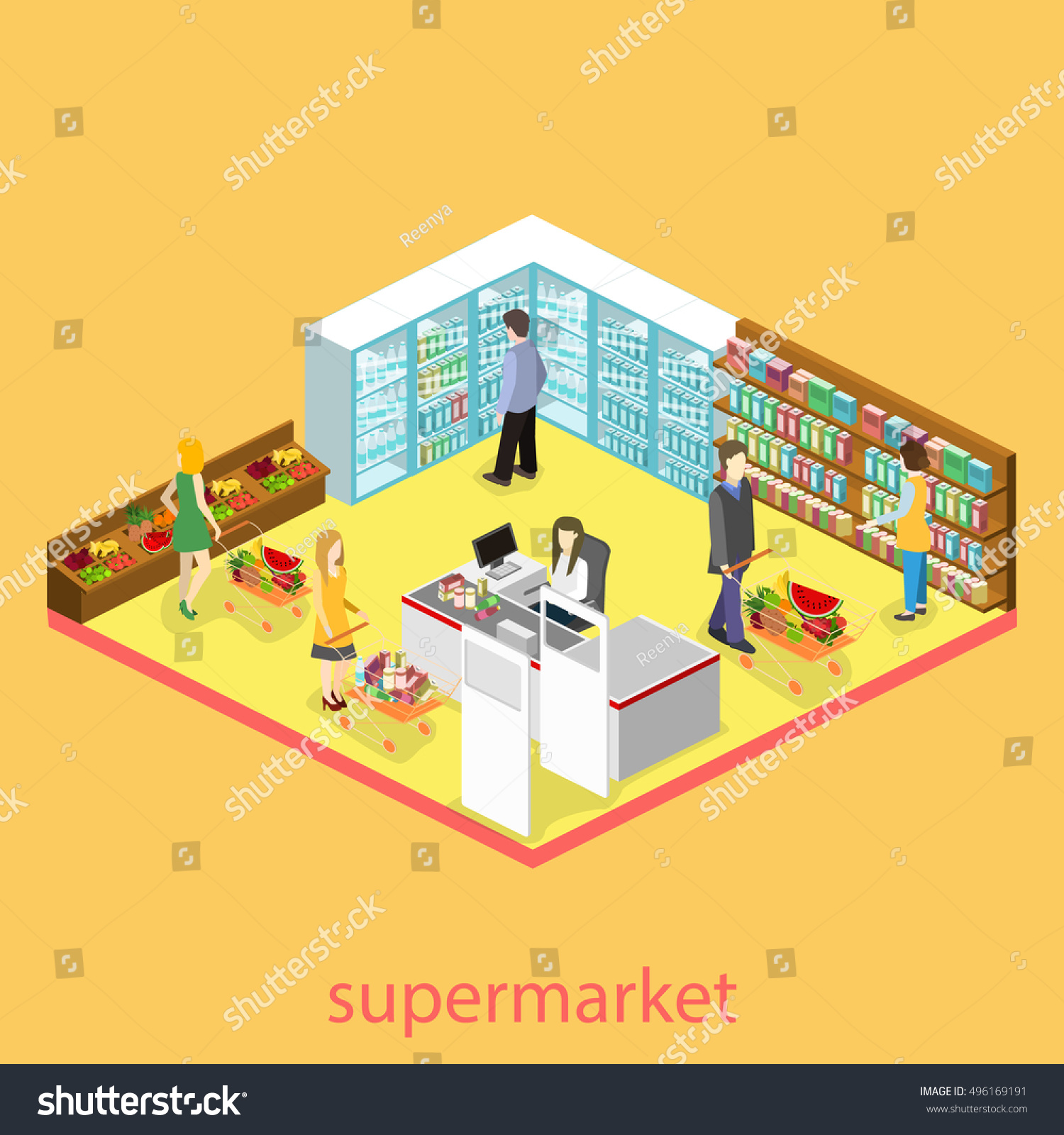 Isometric Interior Grocery Store Shopping Mall Stock Vector (Royalty ...