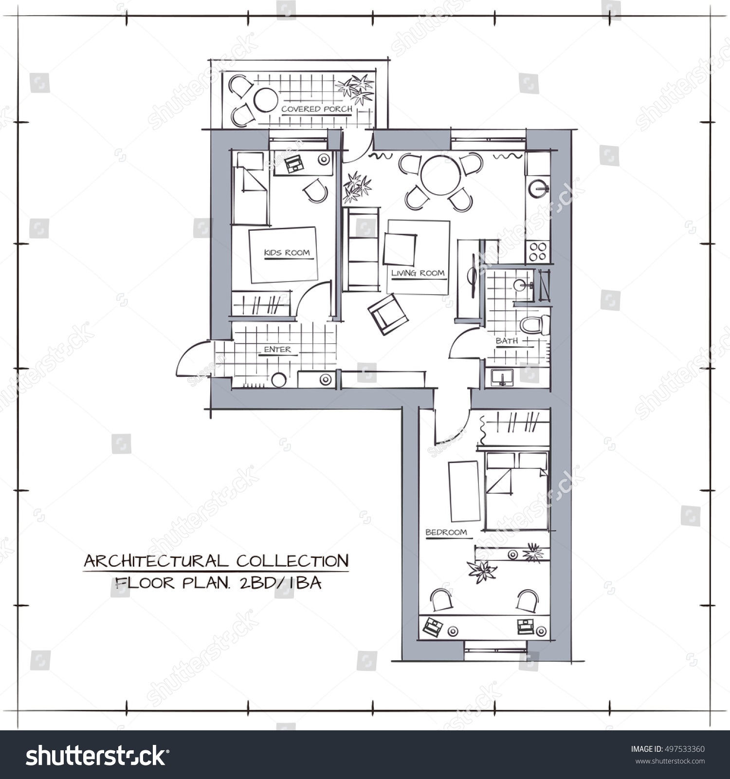 Architectural Professional Hand Drawn Floor Plan Stock Vector (Royalty ...