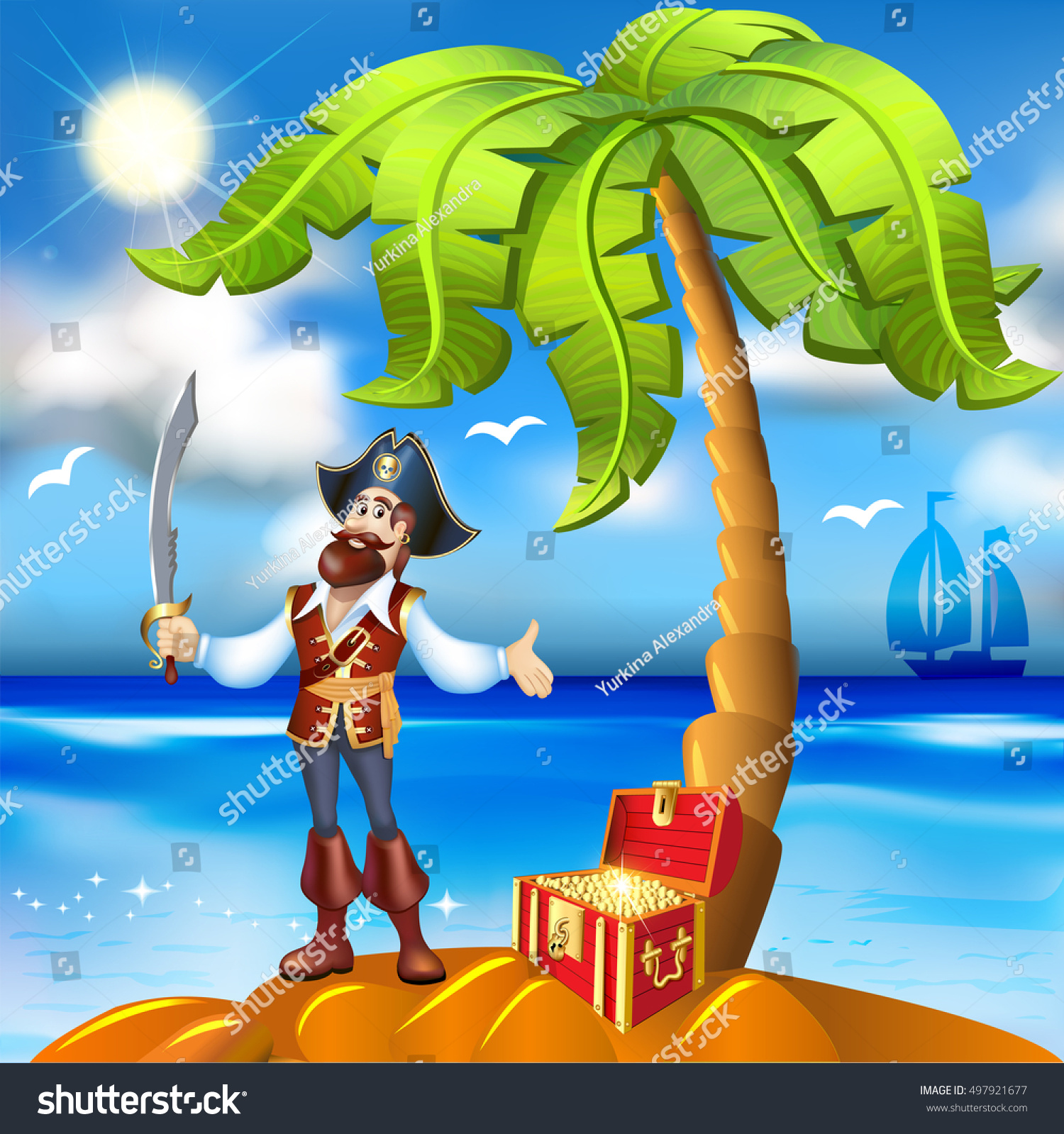 Illustration Cartoon Pirate Island Treasure Chest Stock Illustration ...