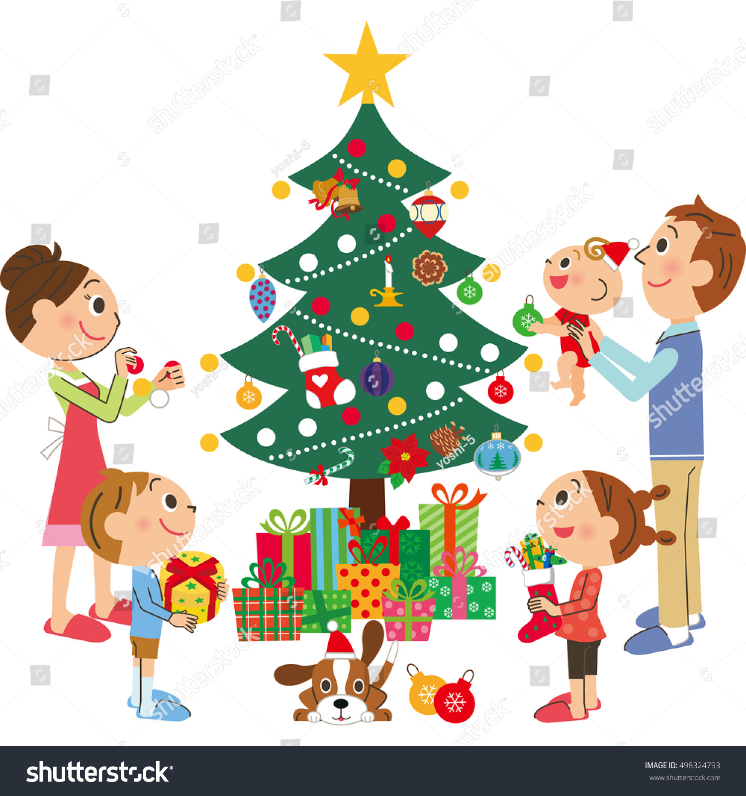 family decorating christmas tree clipart