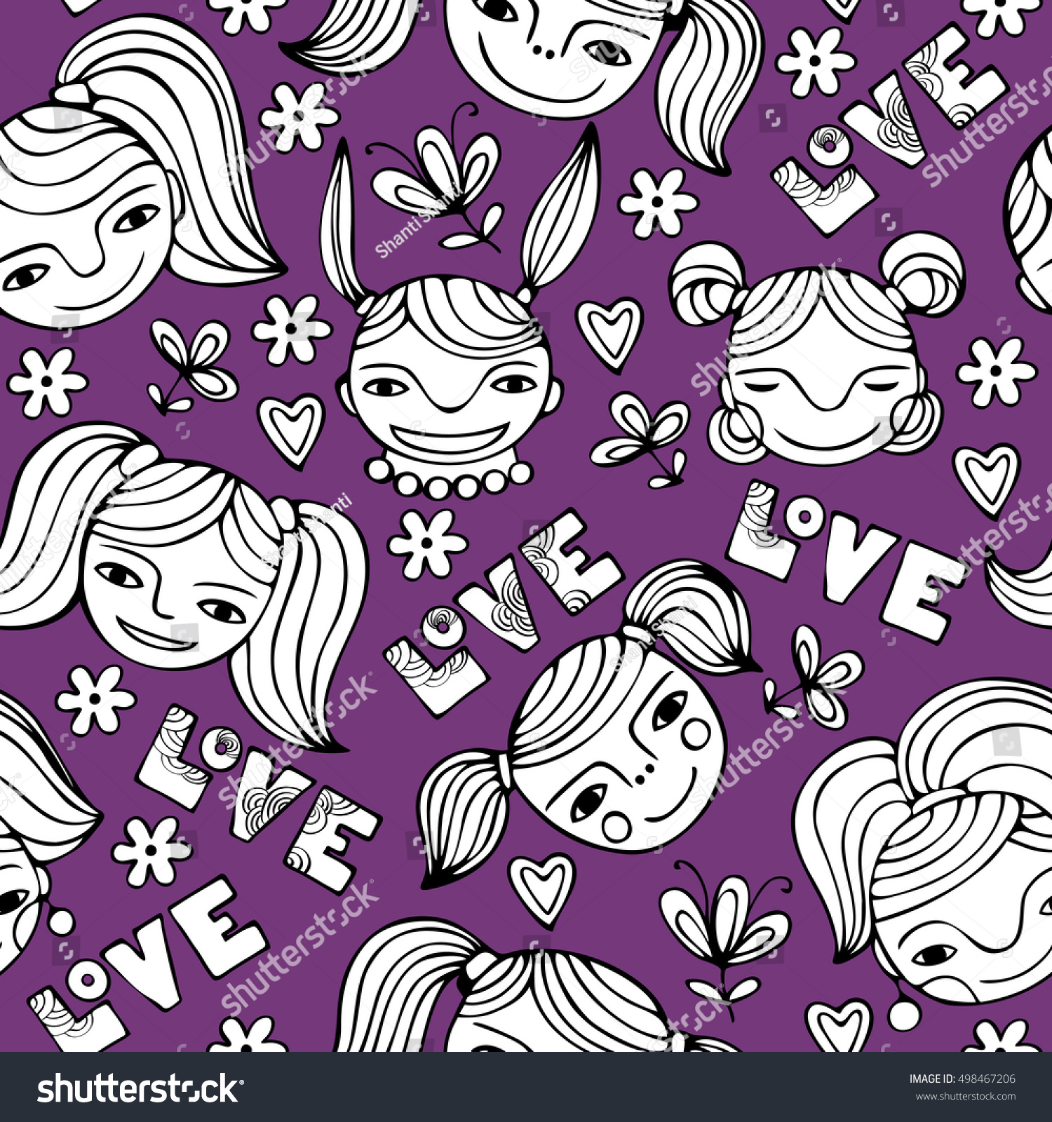 Set Cute Cartoon Girls Facesmonochrome Vector Stock Vector Royalty Free 498467206 Shutterstock 