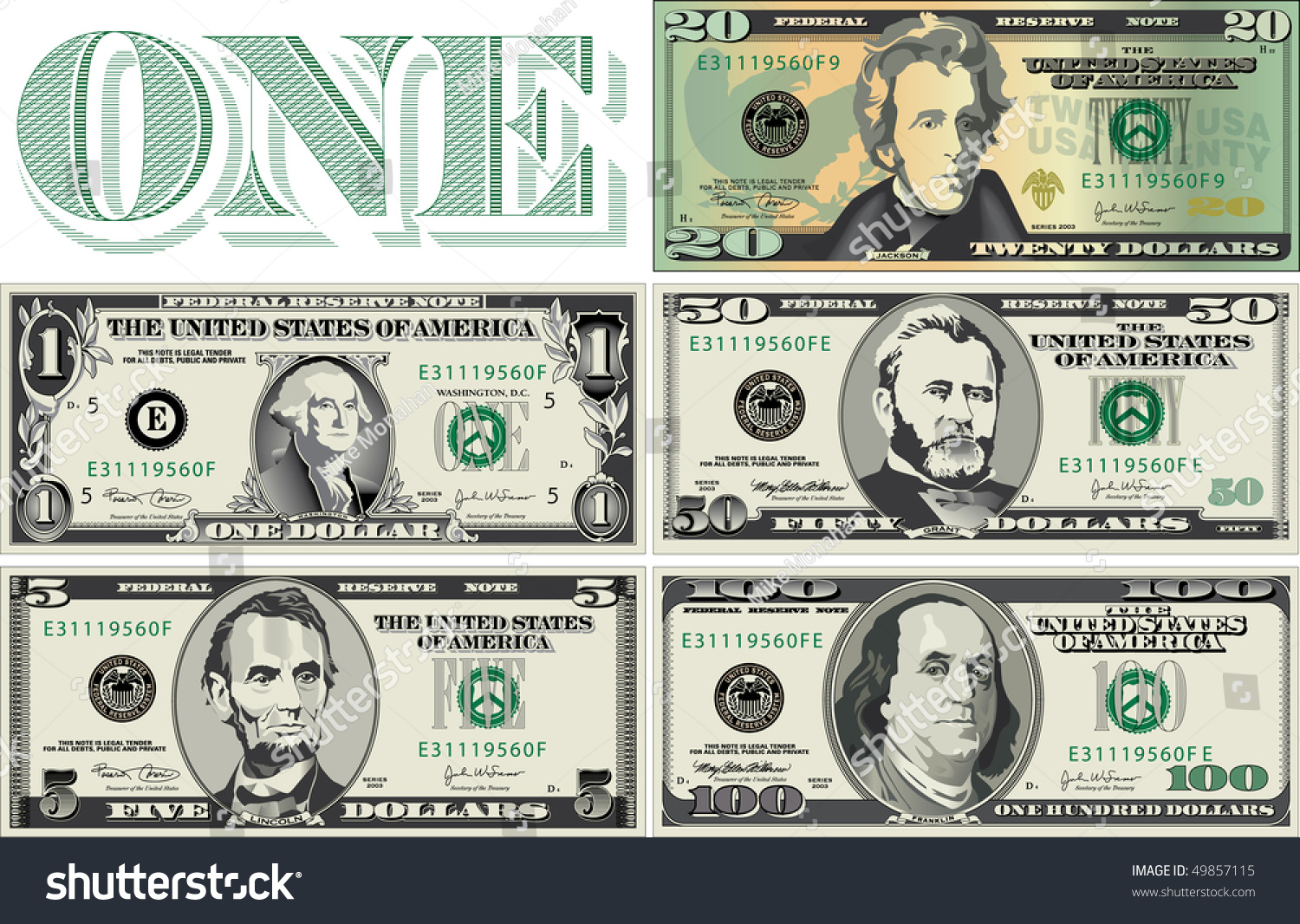 Five Detailed Stylized Drawings Bills Stock Illustration 49857115 ...