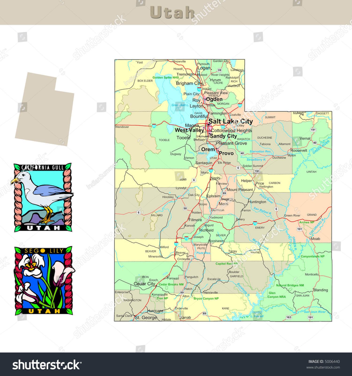 Usa States Series Utah Political Map Stock Illustration 5006440   Stock Photo Usa States Series Utah Political Map With Counties Roads State S Contour Bird And Flower 5006440 