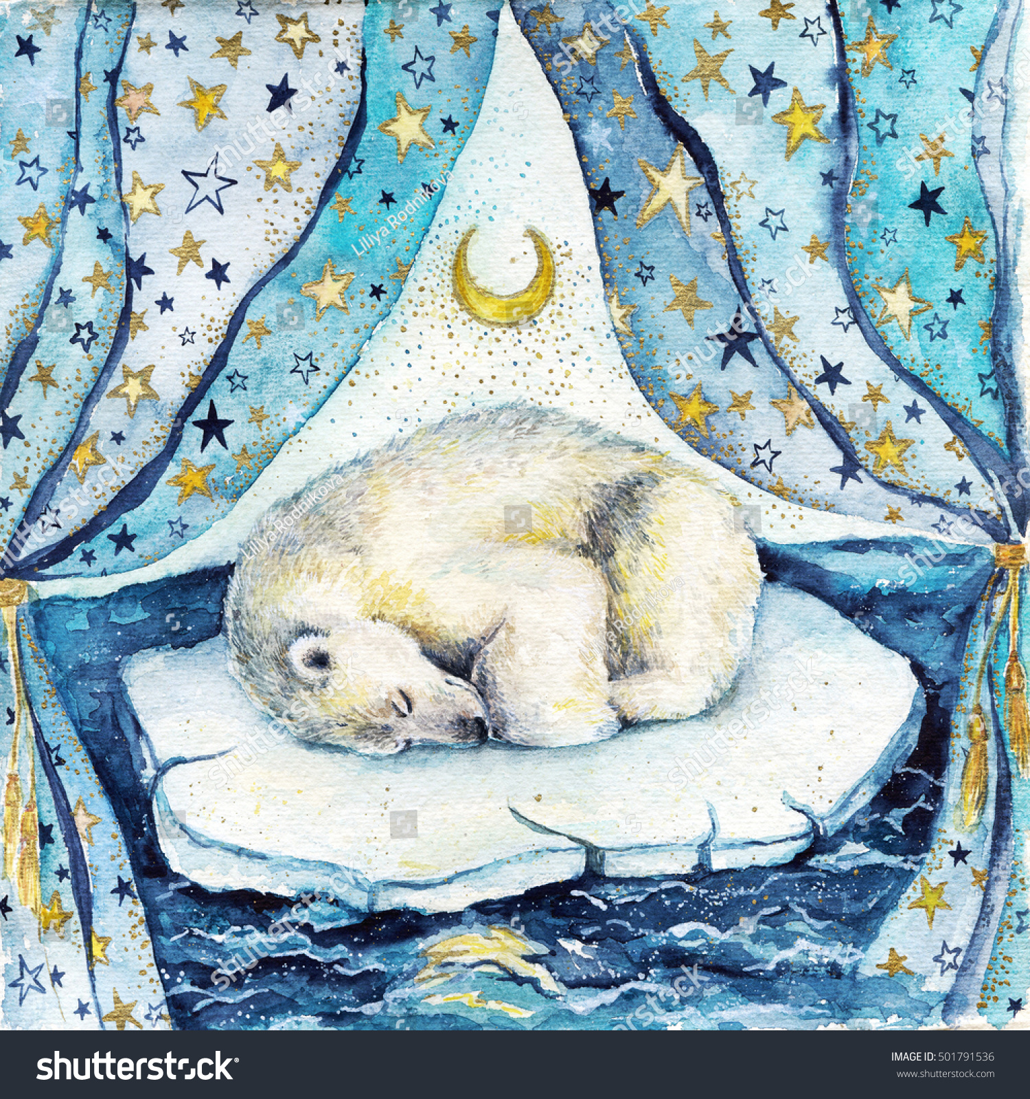 Watercolor Cute Sleeping White Bear On Stock Illustration 501791536 ...