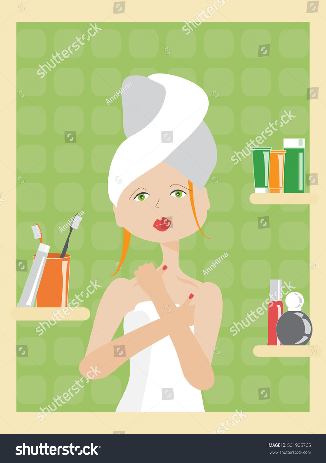 Woman Wrapped White Towel Looking Herself Stock Vector Royalty Free 501925765 Shutterstock 5510