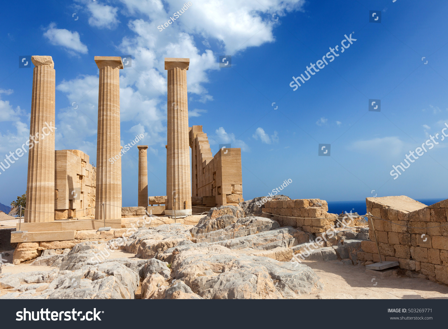 Ancient Greek Pillars Lindos Acropolis Blue Stock Photo 503269771 ...