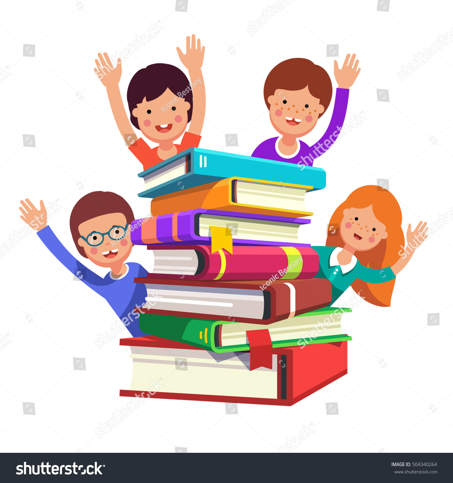 Happy Smart Kids Waving Hands Book Stock Vector (Royalty Free ...