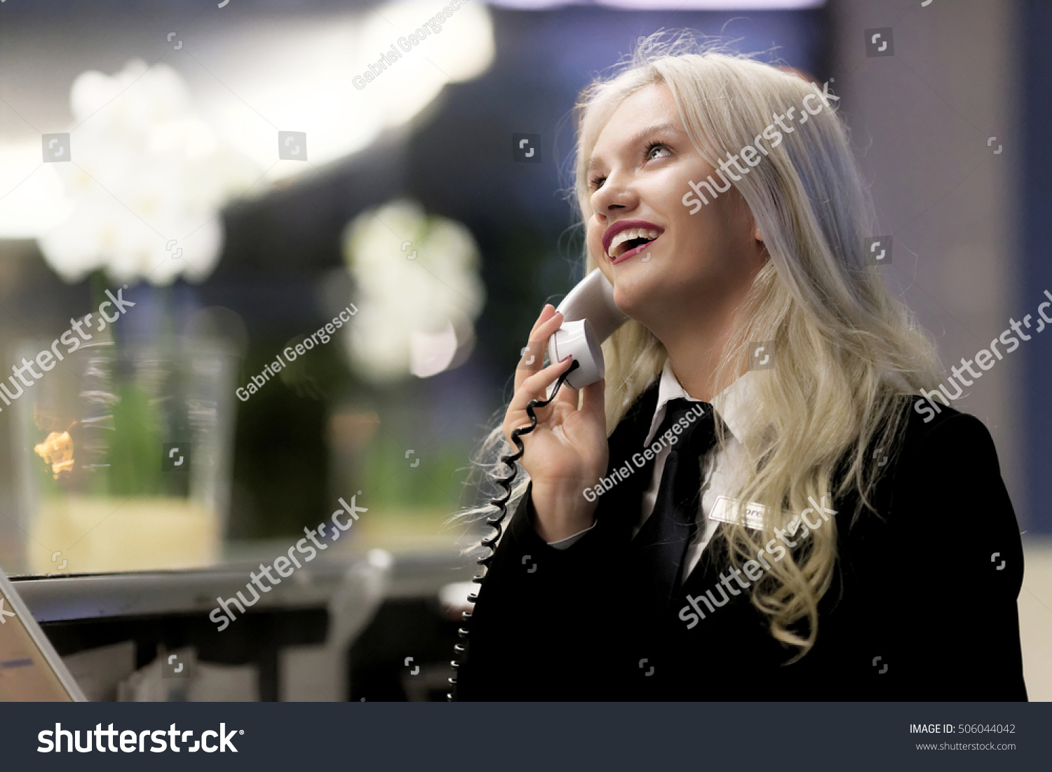 Hotel Receptionist Modern Luxury Hotel Reception Stock Photo 506044042   Stock Photo Hotel Receptionist Modern Luxury Hotel Reception Counter Desk With Bell Happy Female Receptionist 506044042 