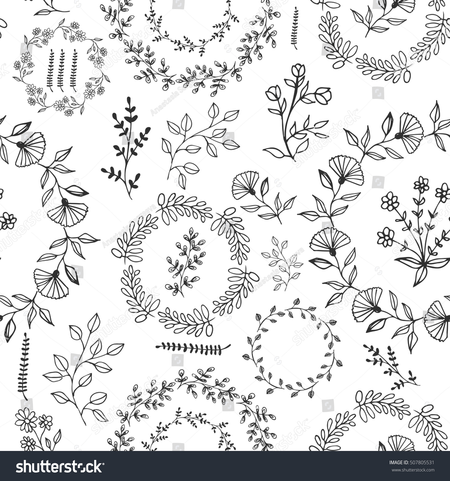 Hand Drawn Vector Flower Seamless Pattern Stock Vector (Royalty Free ...