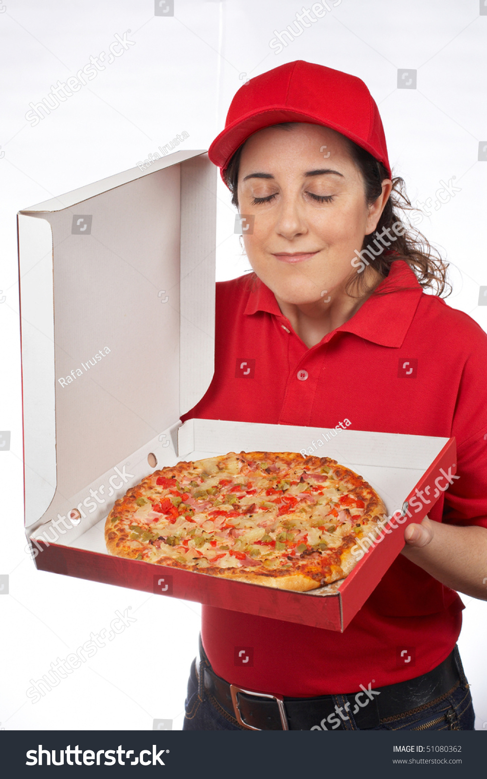 Pizza Delivery Woman Holding Hot Pizza pic