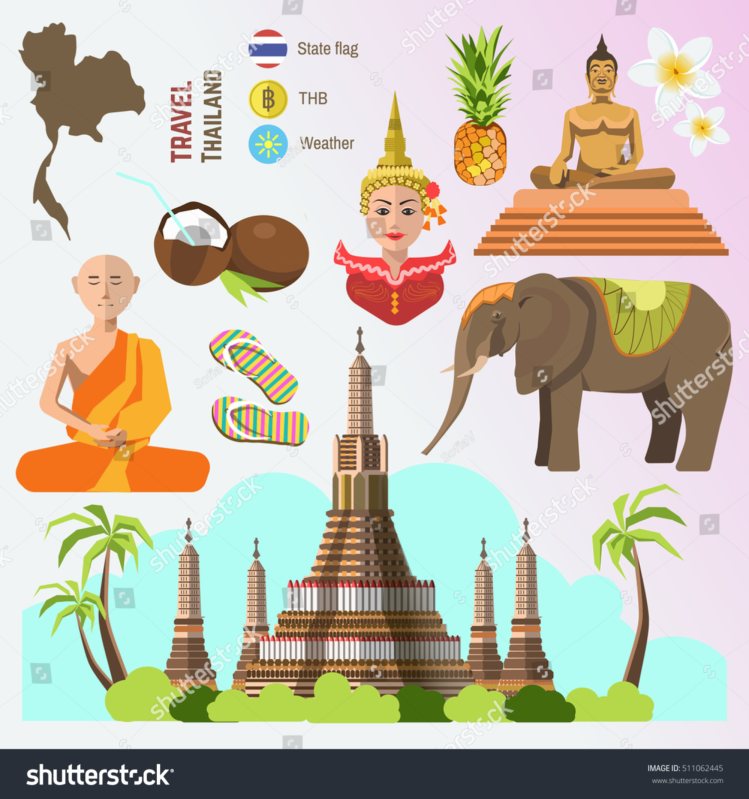 Set Thailand Travel Symbols Bangkok Landmarks Stock Vector (Royalty ...