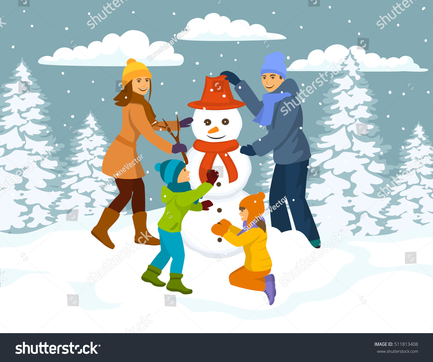 Family Making Snowman Scene Winter Snow Stock Vector (Royalty Free ...