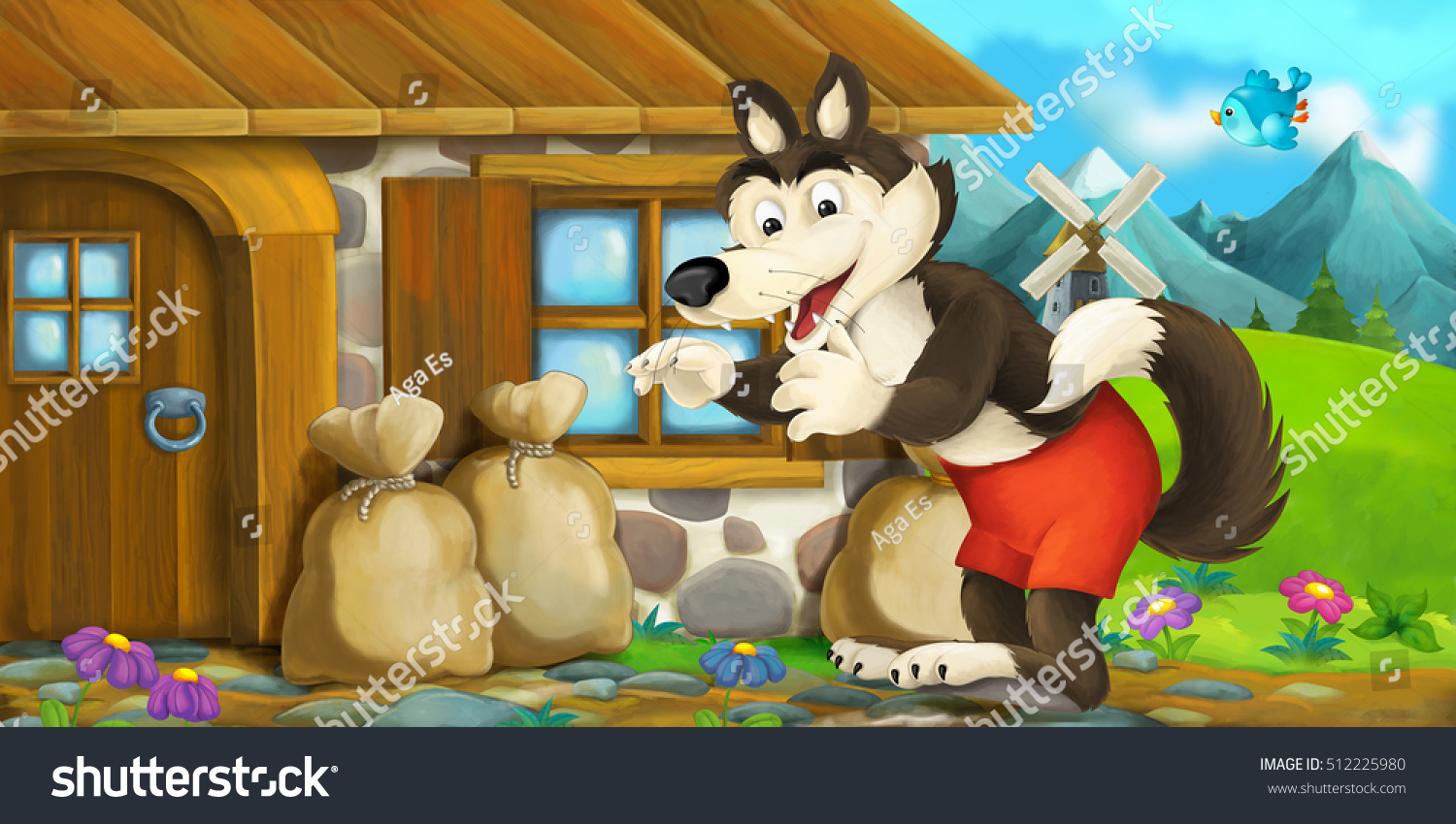 Cartoon Scene Wolf Near Wooden House Stock Illustration 512225980 ...