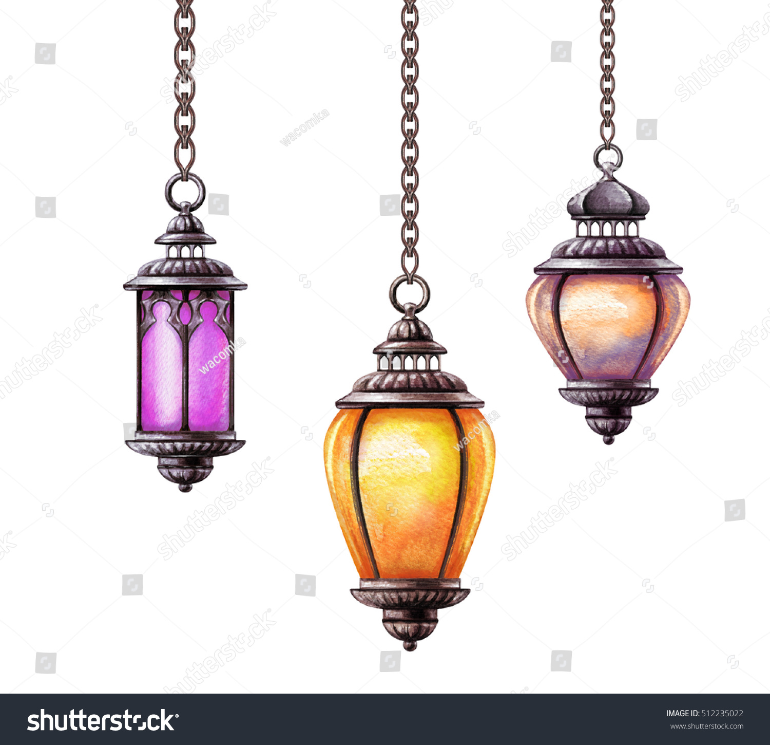 Watercolor Illustration Hanging Oriental Lanterns Isolated Stock ...