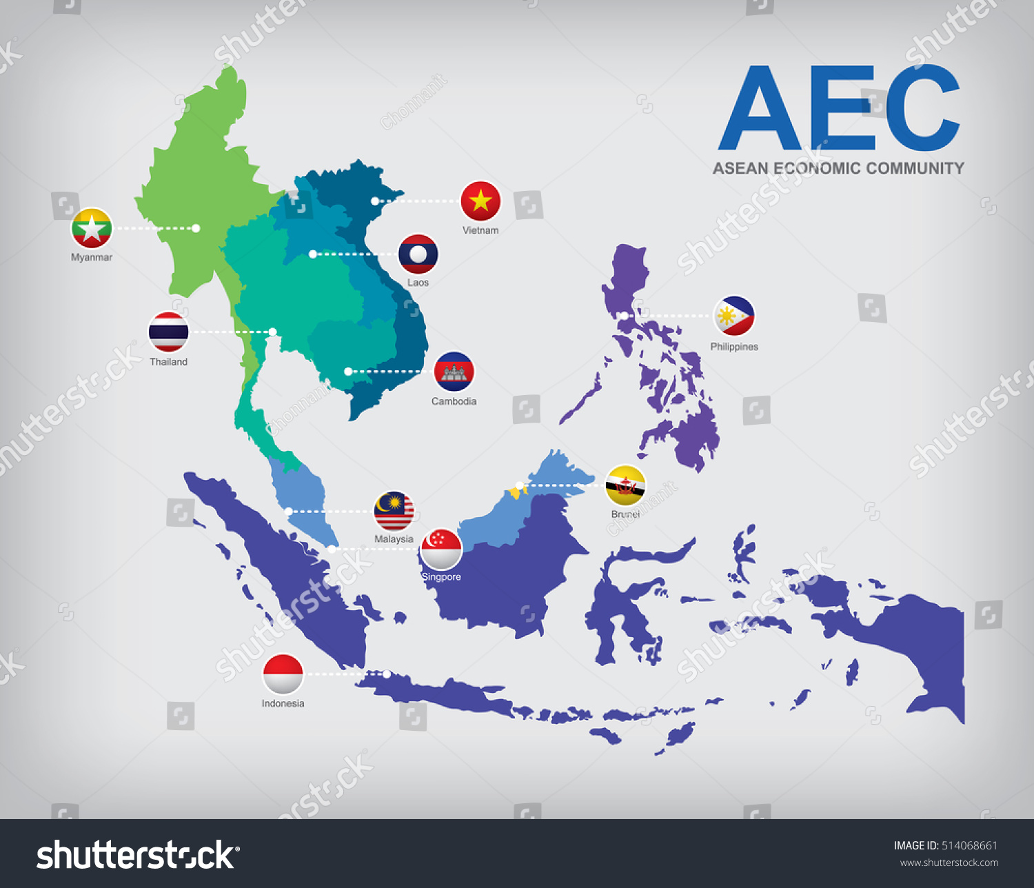 Aec Asean Economic Community Map Stock Vector Royalty Free 514068661