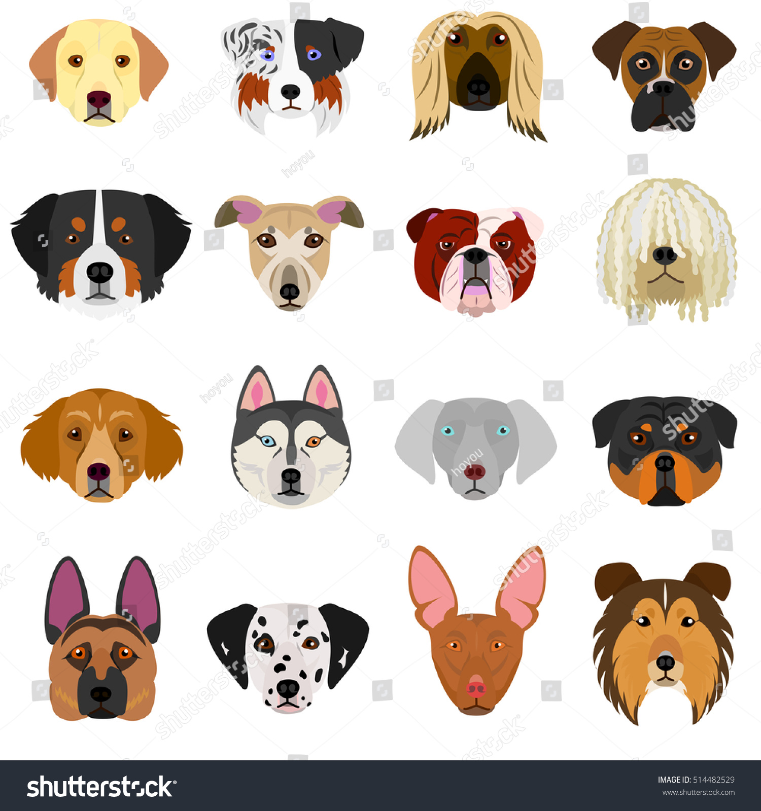 Dog Faces Set On White Background Stock Vector (Royalty Free) 514482529 ...