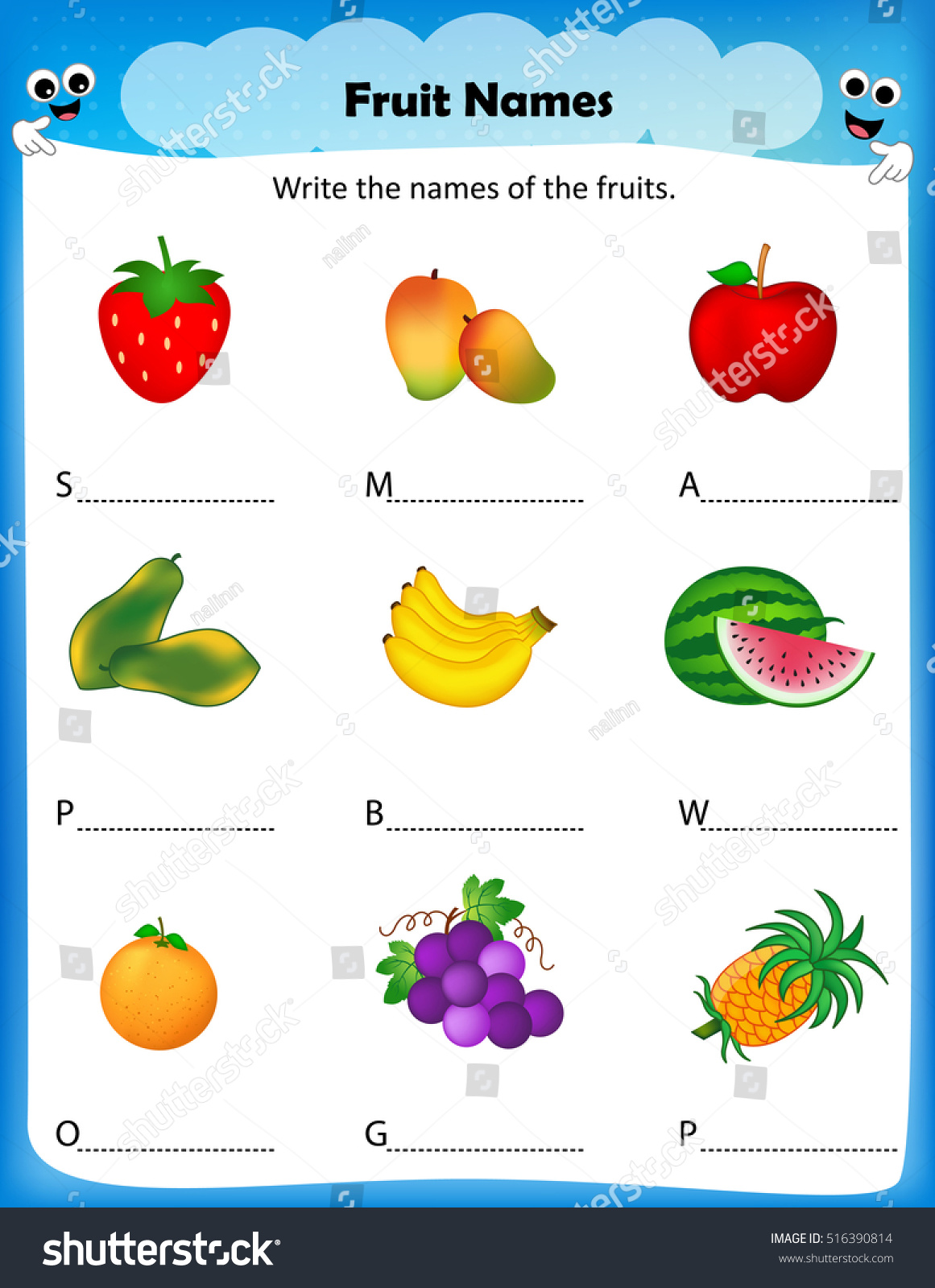 worksheet write names fruits worksheet preschool stock vector royalty free 516390814 shutterstock