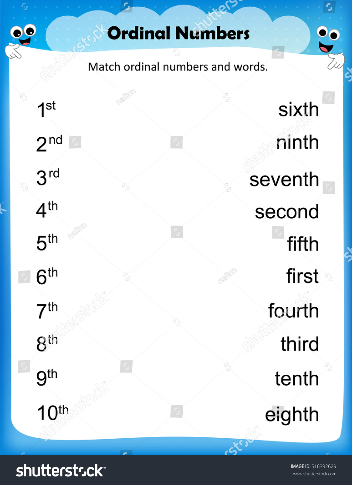 worksheet match ordinal numbers worksheet preschool stock vector royalty free 516392629 shutterstock