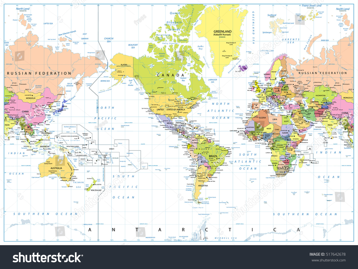 America Centered Political World Map Isolated Stock Vector (Royalty ...