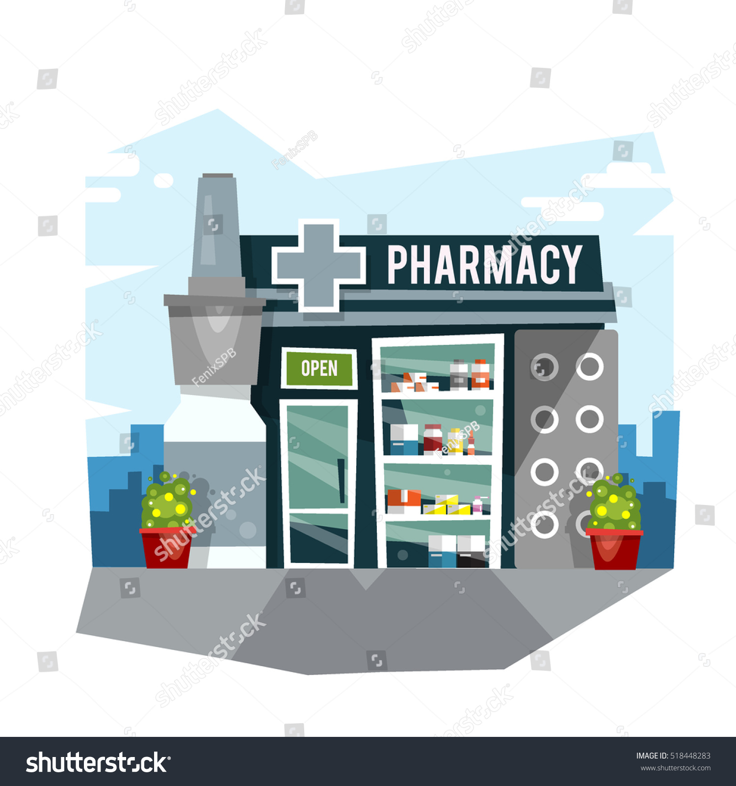 Pharmacy Building Front Shop Street Building Stock Vector (Royalty Free ...