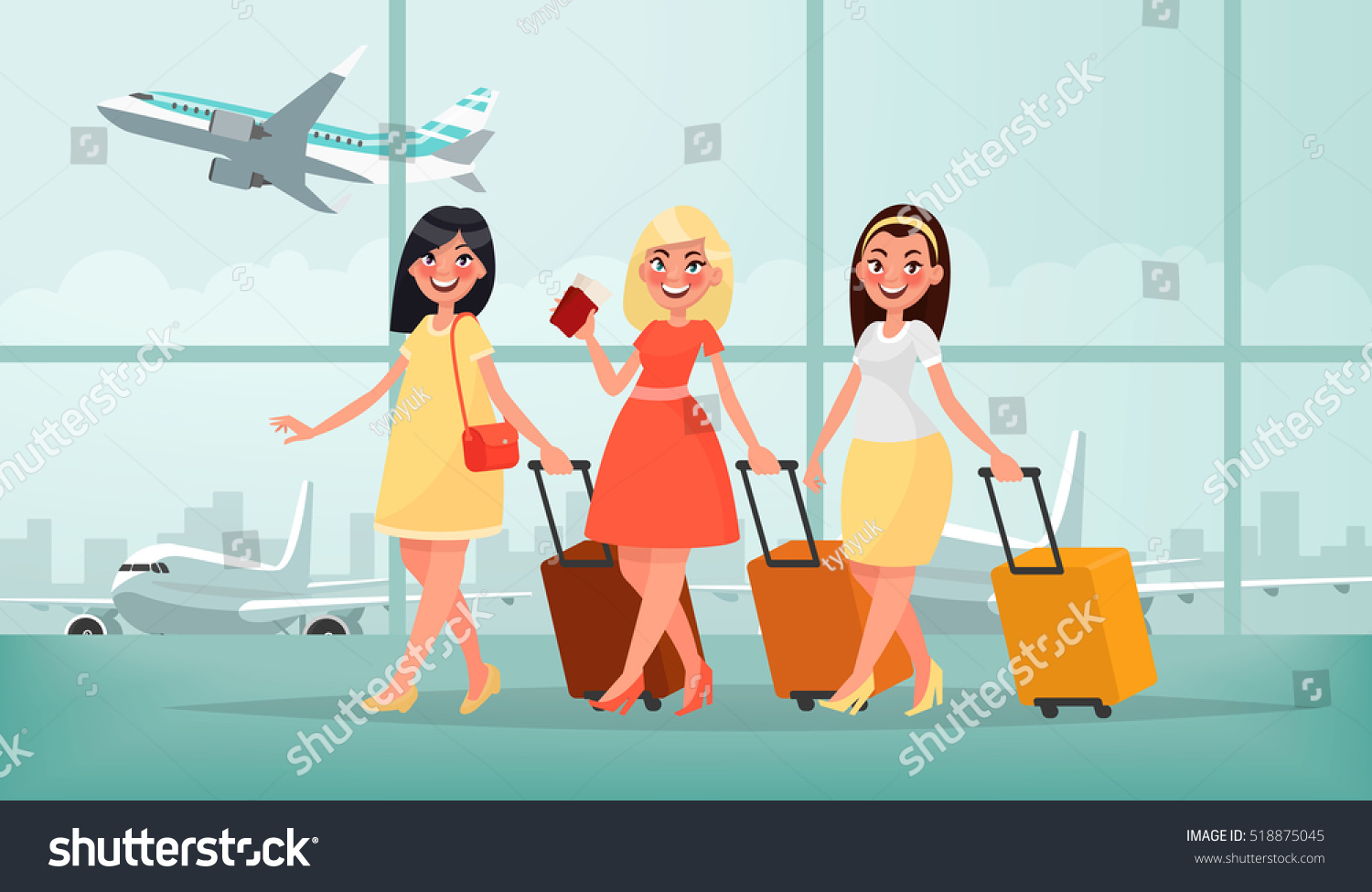 Девушка с чемоданом в аэропорту рисунок