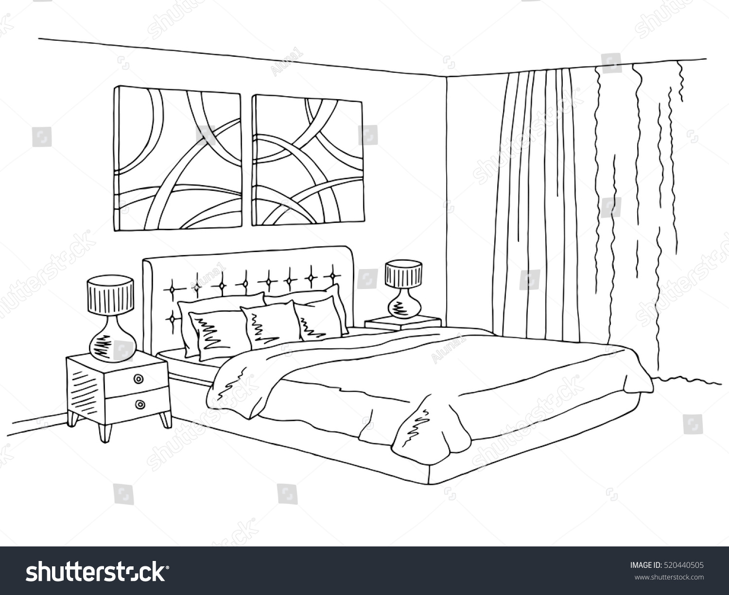 Bedroom Black White Graphic Art Interior Stock Vector (Royalty Free ...