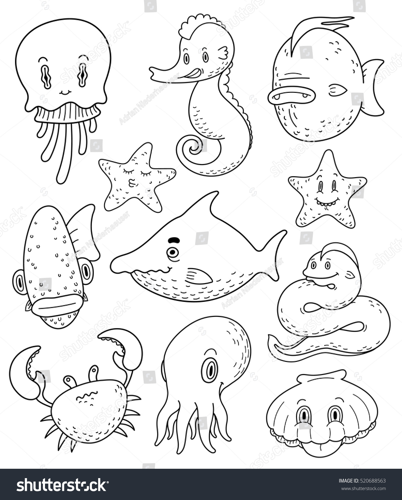 Set Cute Sea Life Doodles Against Stock Vector (Royalty Free) 520688563 ...