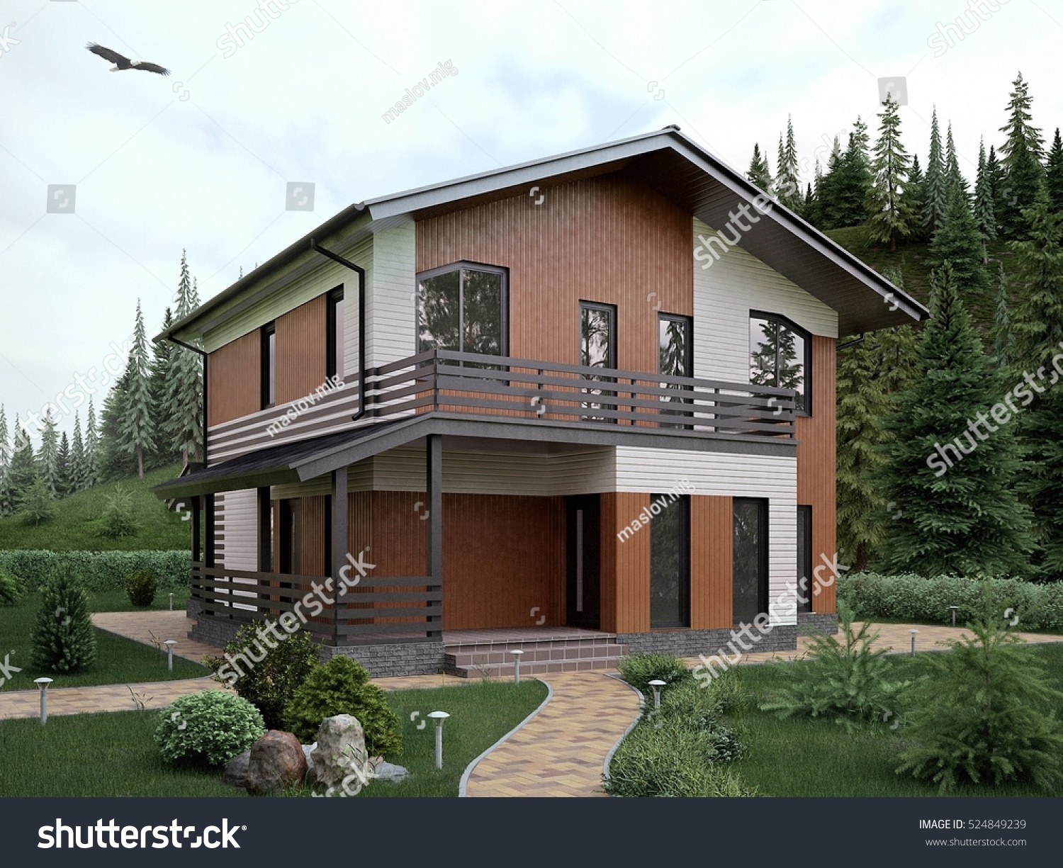 Двухэтажный дом с террасой и балконом
