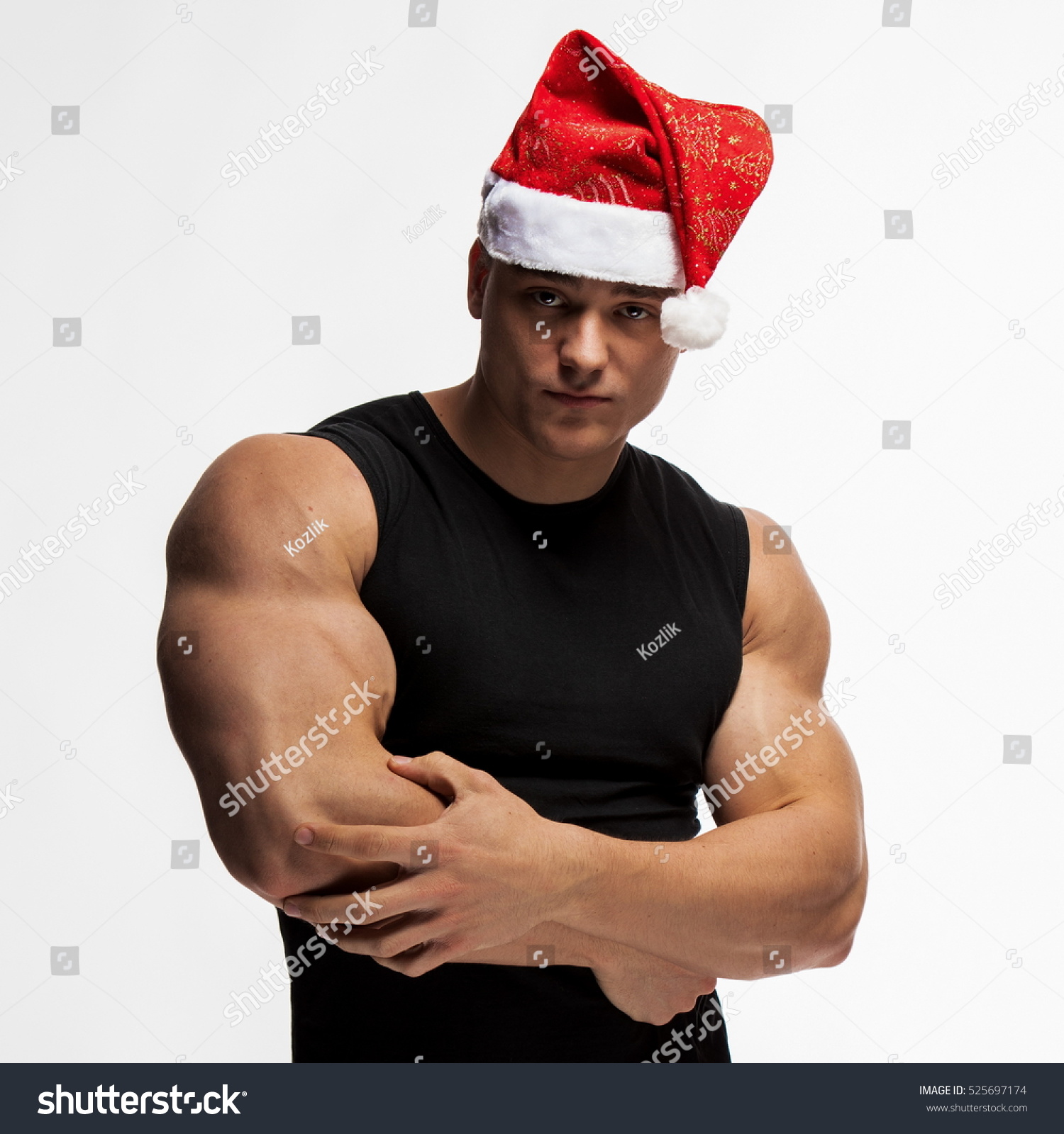 Portrait Athlete Bodybuilder Posing Cap Santa Stock Photo Shutterstock