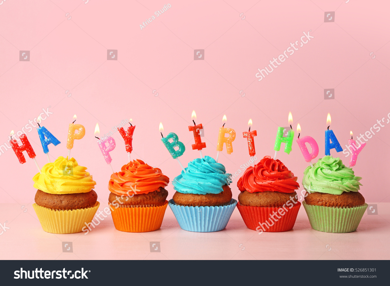 Happy Birthday Cupcakes On Pink Background Stock Photo 526851301 ...