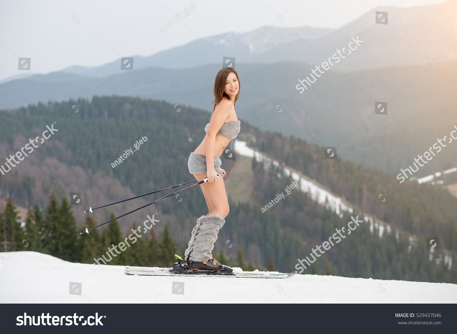 Sexy Beautiful Naked Female Skier Skiing Stock Photo Shutterstock