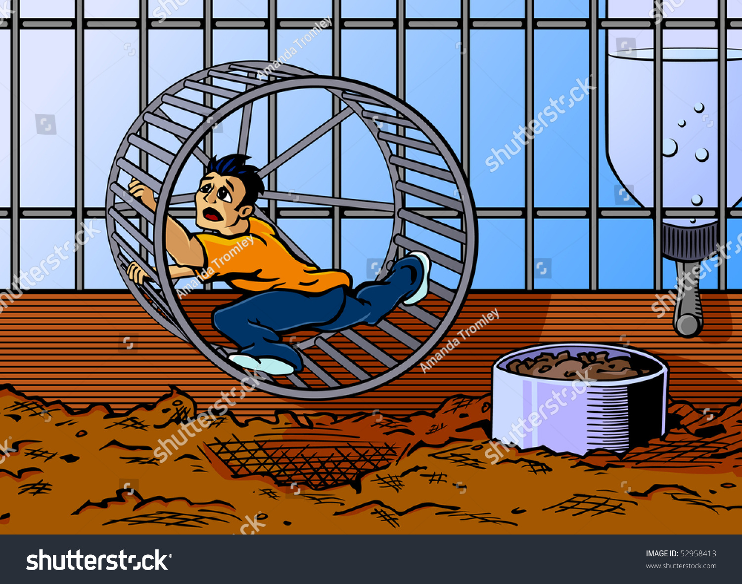 Cartoon Man Running Hamster Wheel Vector Stock Illustration