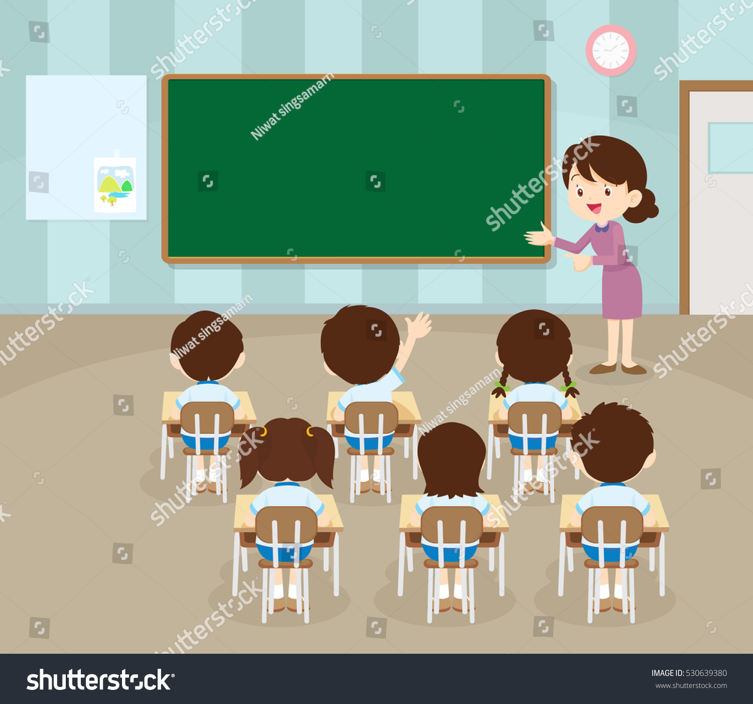 Teacher Standing Teaching Front Children Raising Stock Vector (Royalty ...