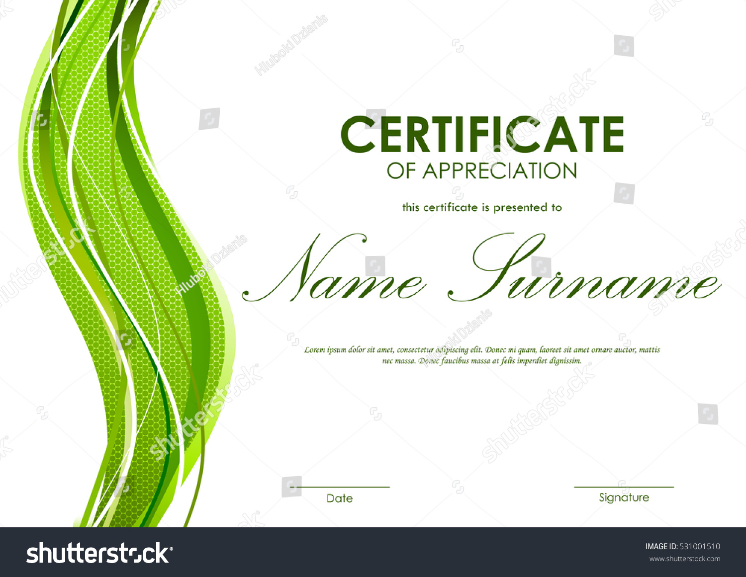 Certificate Appreciation Template Green Dynamic Bright Stock Vector ...