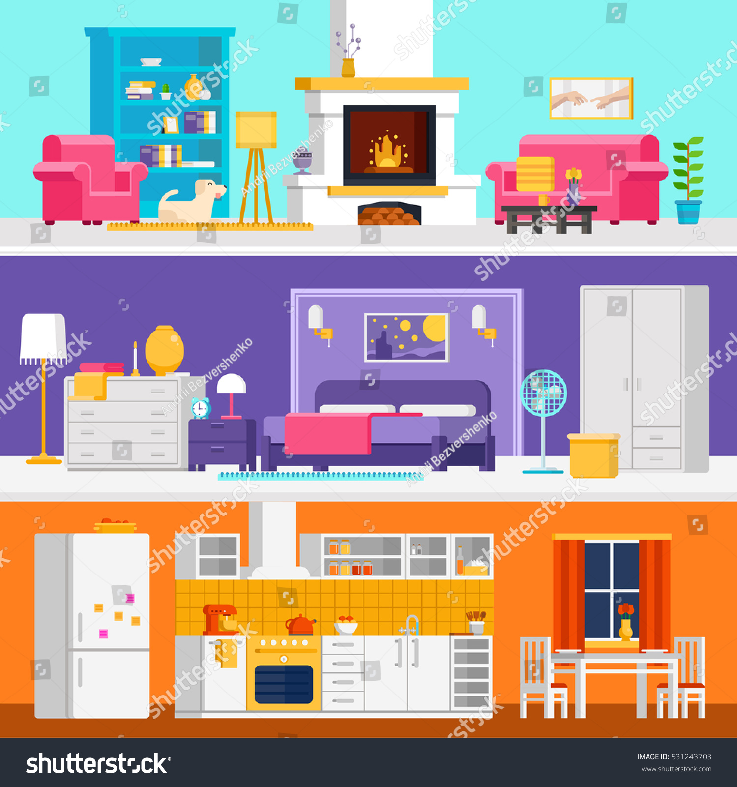 Three Colorful Flat Rooms Vector Illustrations Stock Vector (Royalty ...