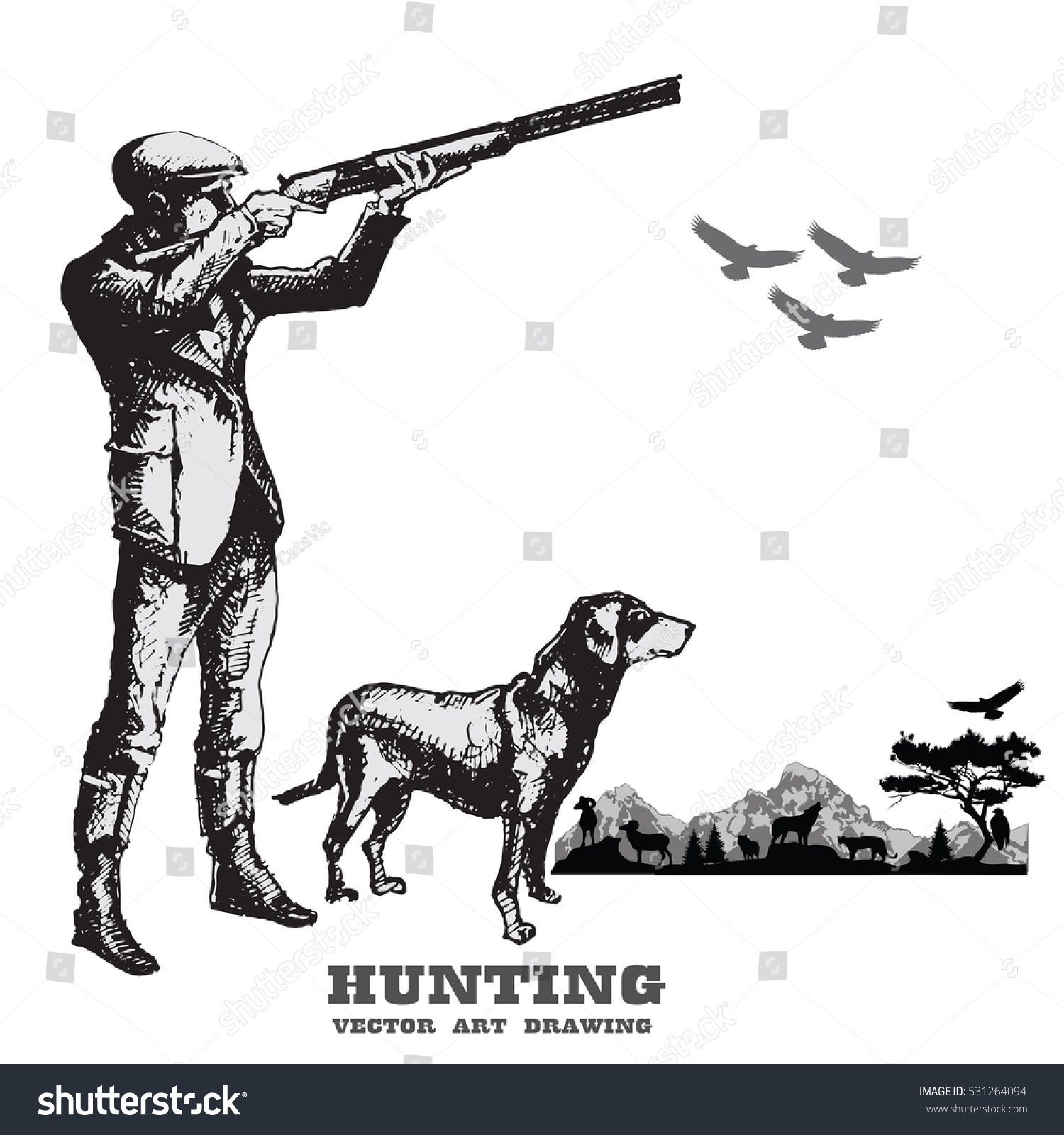Рисунок охотника с ружьем карандашом