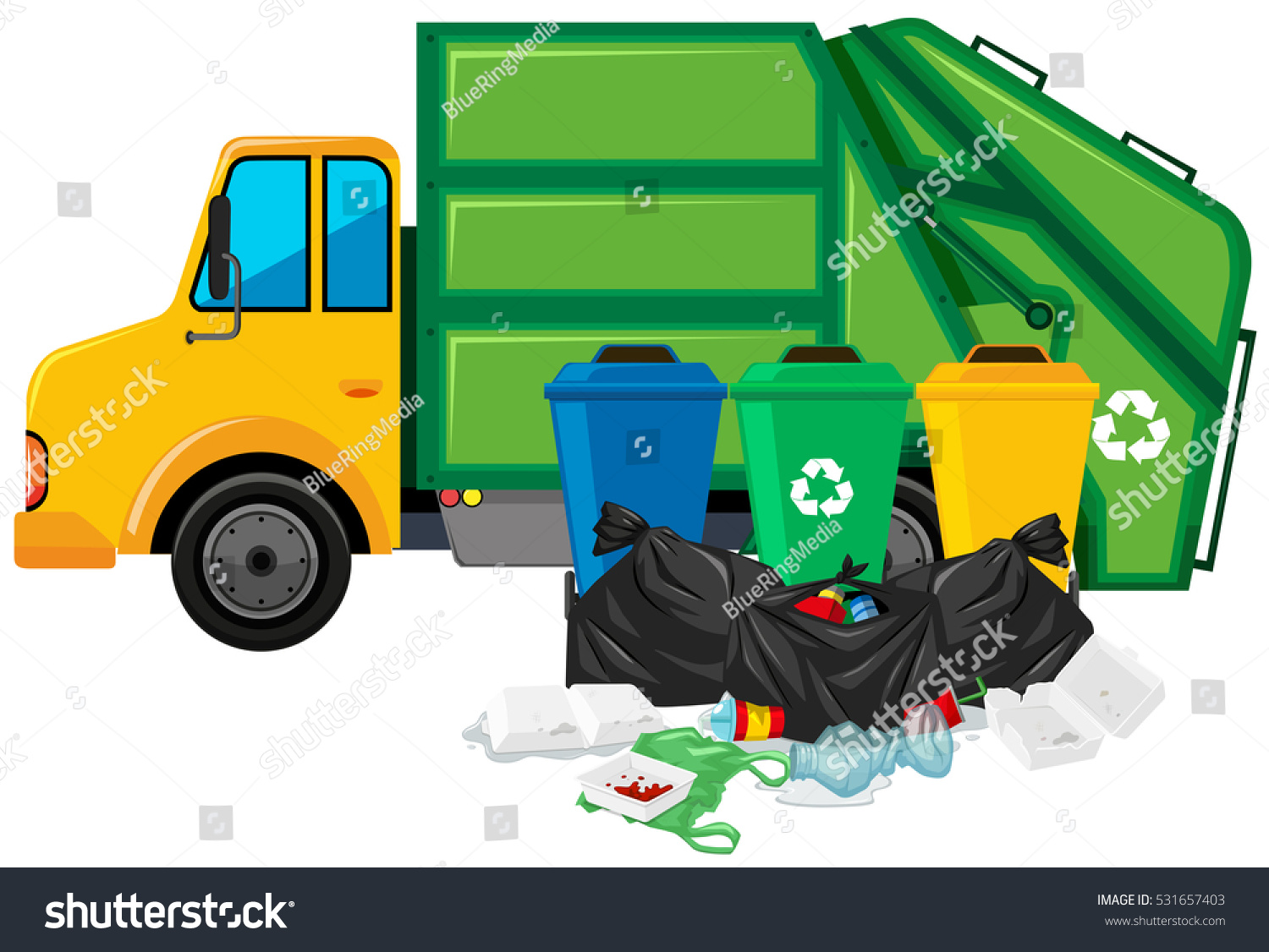 Garbage Truck Three Trashcans Illustration Stock Vector Royalty Free Shutterstock