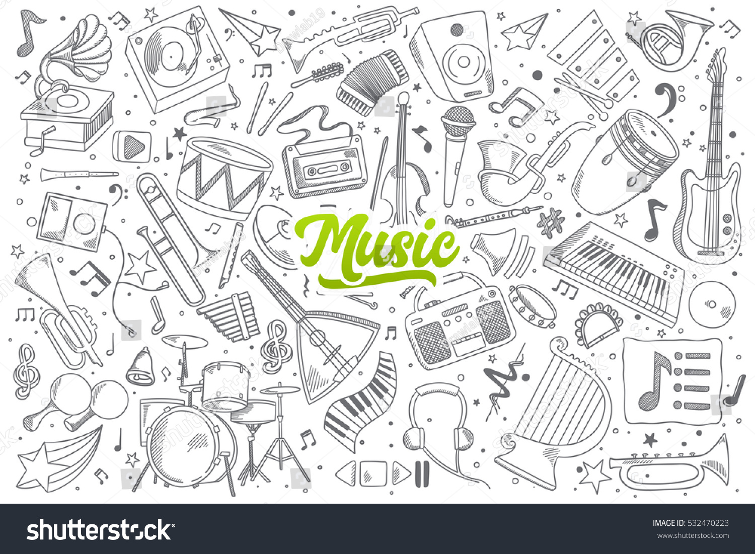 Hand Drawn Set Music Doodles Green Stock Vector (Royalty Free ...