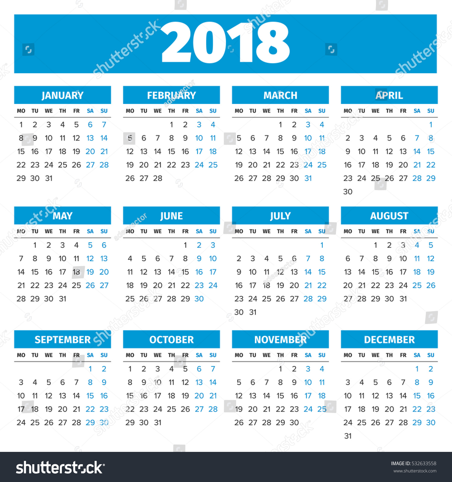 Simple 2018 Year Calendar Week Starts Stock Illustration 532633558 ...