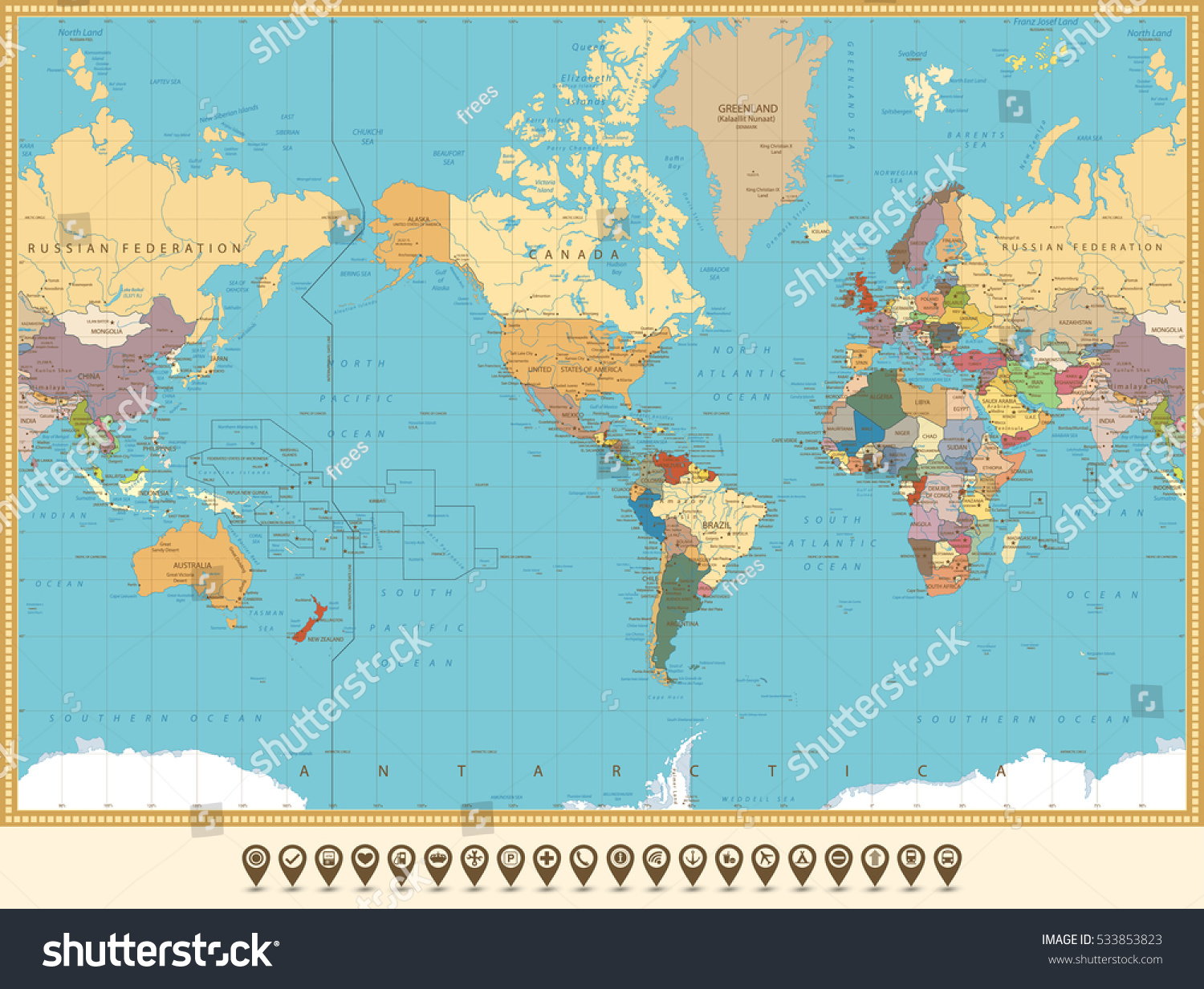 World Map America Centered Map - Stock Vector World Map America Centered And Map Pointers Retro Color All Elements Are Separated In Editable 533853823