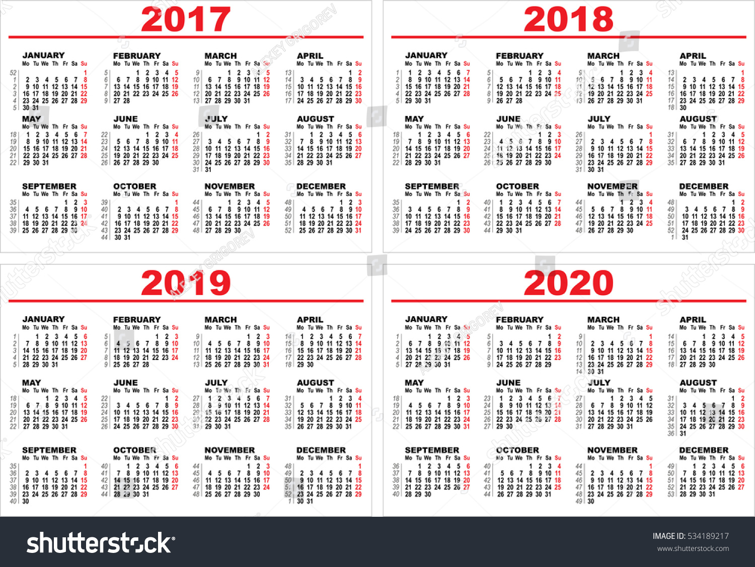 Set Grid Wall Calendar 2017 2018 Stock Vector (Royalty Free) 534189217 ...