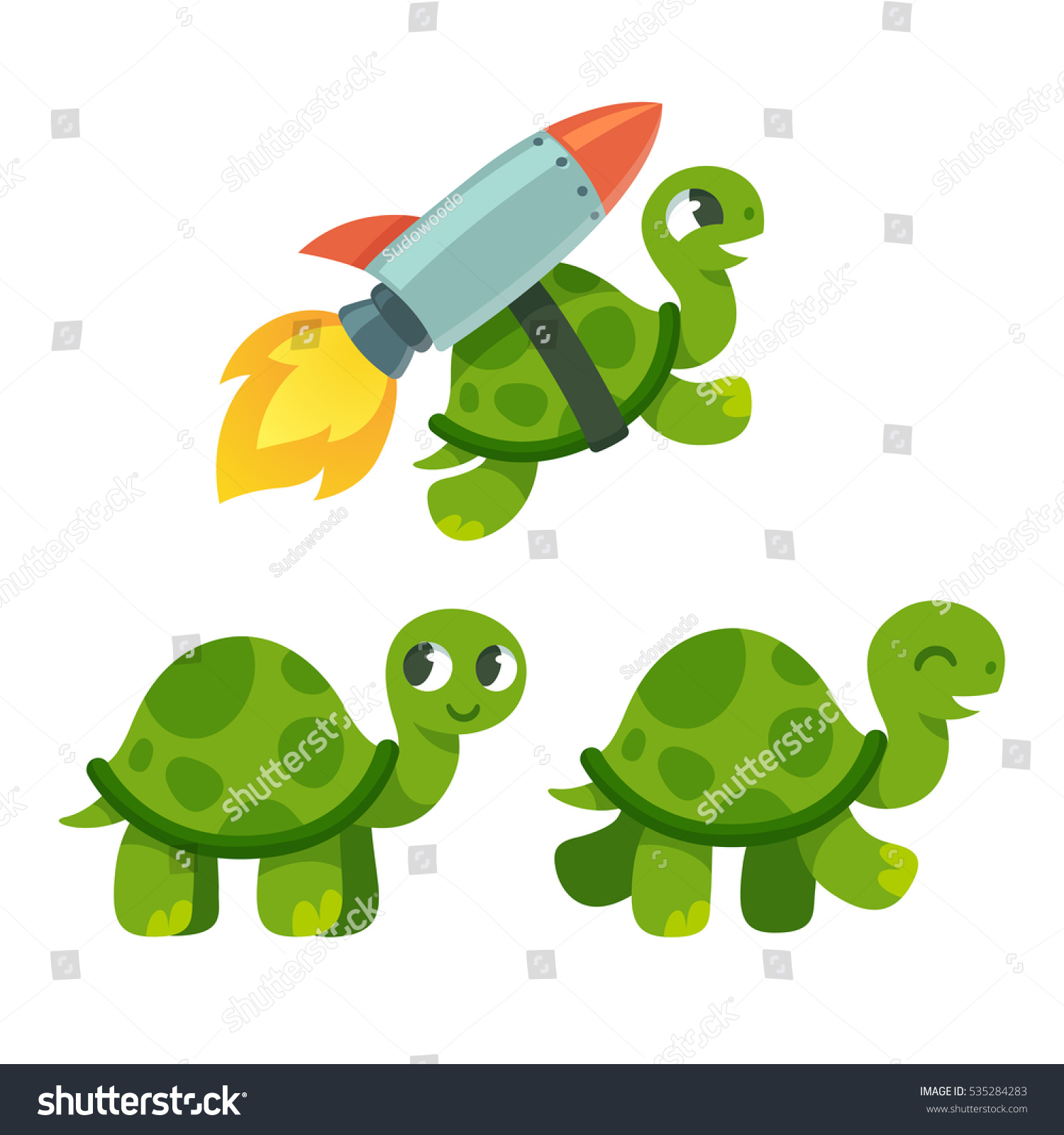 Cute Turtle Set Standing Walking Rocket Stock Illustration 535284283 ...