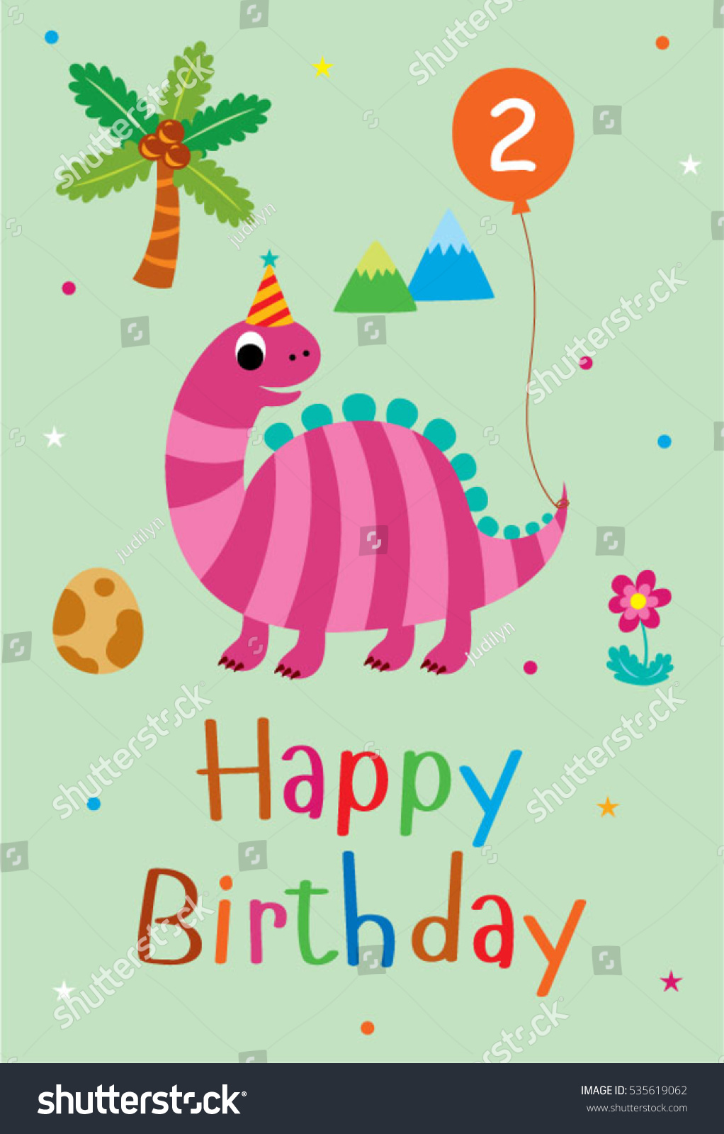 Cute Dinosaur Happy 2nd Birthday Greeting Stock Vector (Royalty Free ...