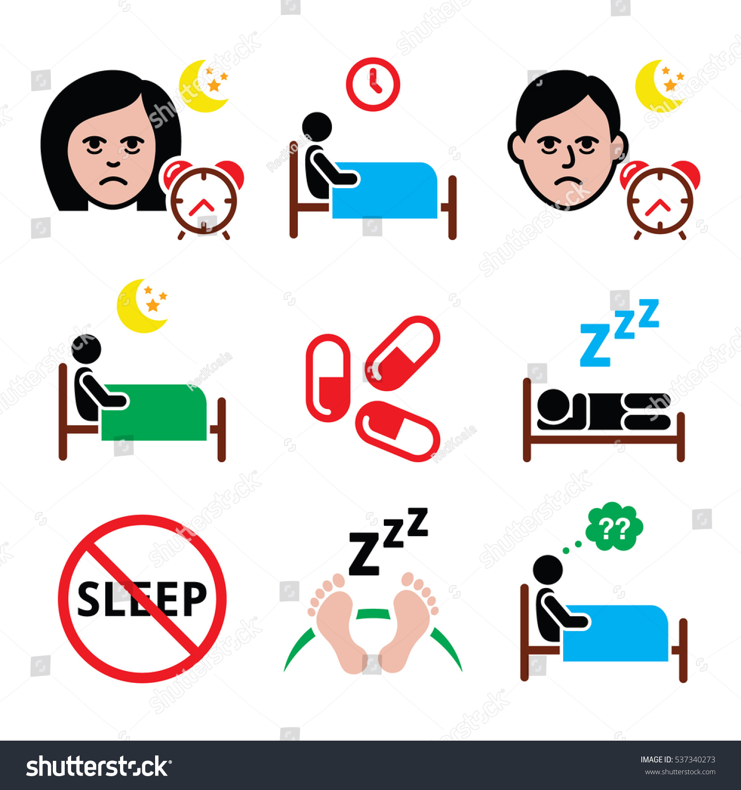 Insomnia People Having Trouble Sleeping Icons Stock Vector (Royalty ...