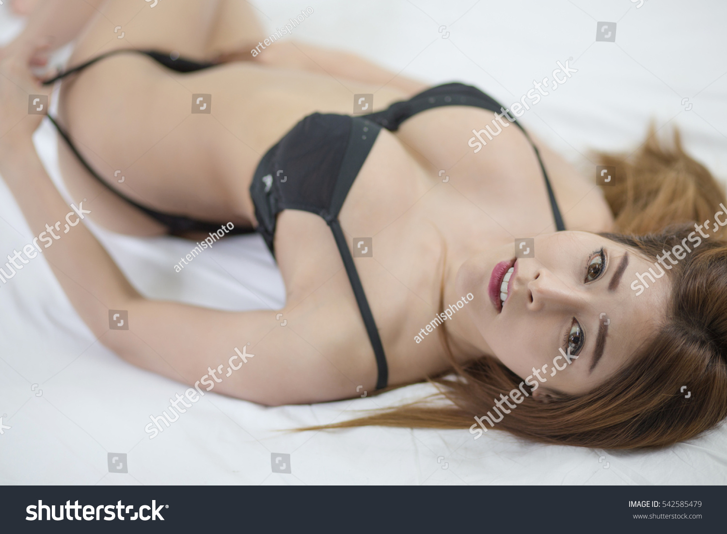 Sexy Asian Woman Lingerie Thong Lying