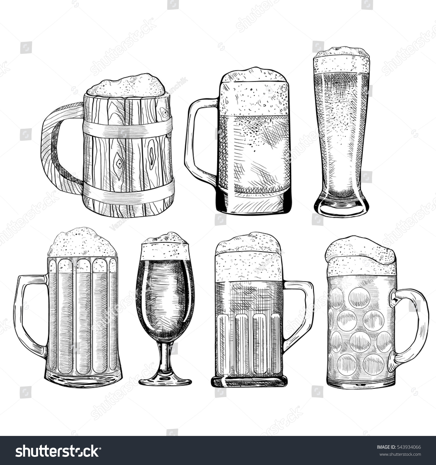 Beer Glass Wooden Mug Sketch Style Stock Vector (Royalty Free ...